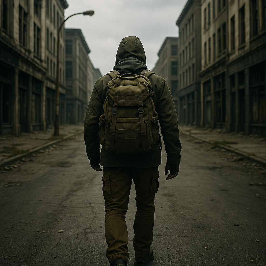 Un preparaciomista caminando por una ciudad solitaria
